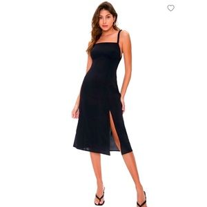 Side-Slit woven Black MIDI Dress